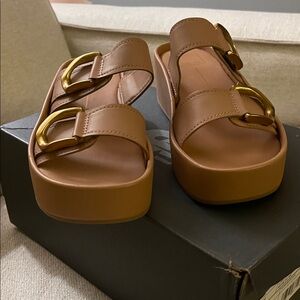 Dolce Vita Tan Platform Sandals with Gold Buckles
